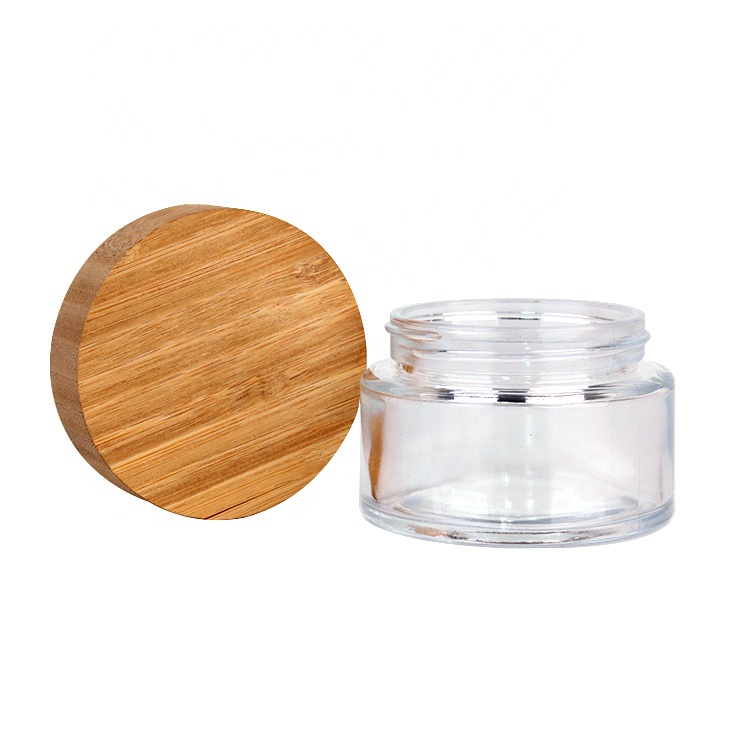 bamboo wood cap round transparent glass jar 20ml 50ml 100ml