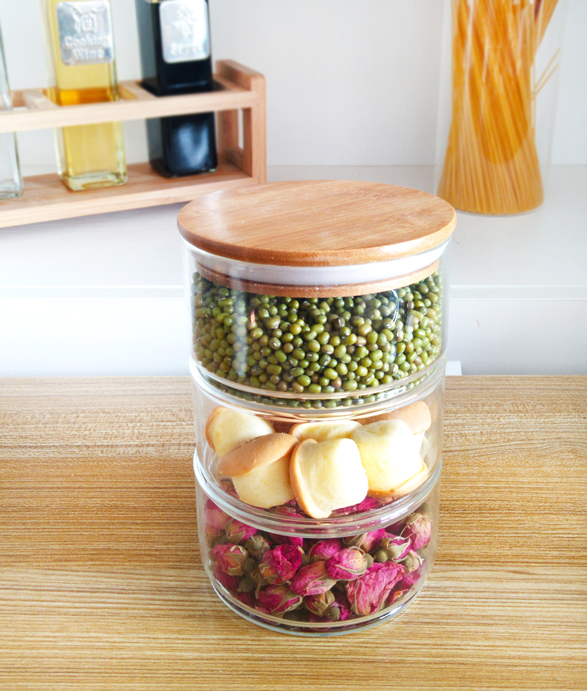best sell 400ml 3 tire glass jar set kitchen food stack jar with lid