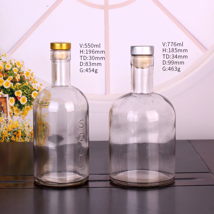 best seller round transparent 750ml glass wine bottle for liquor whisky with cork stopper