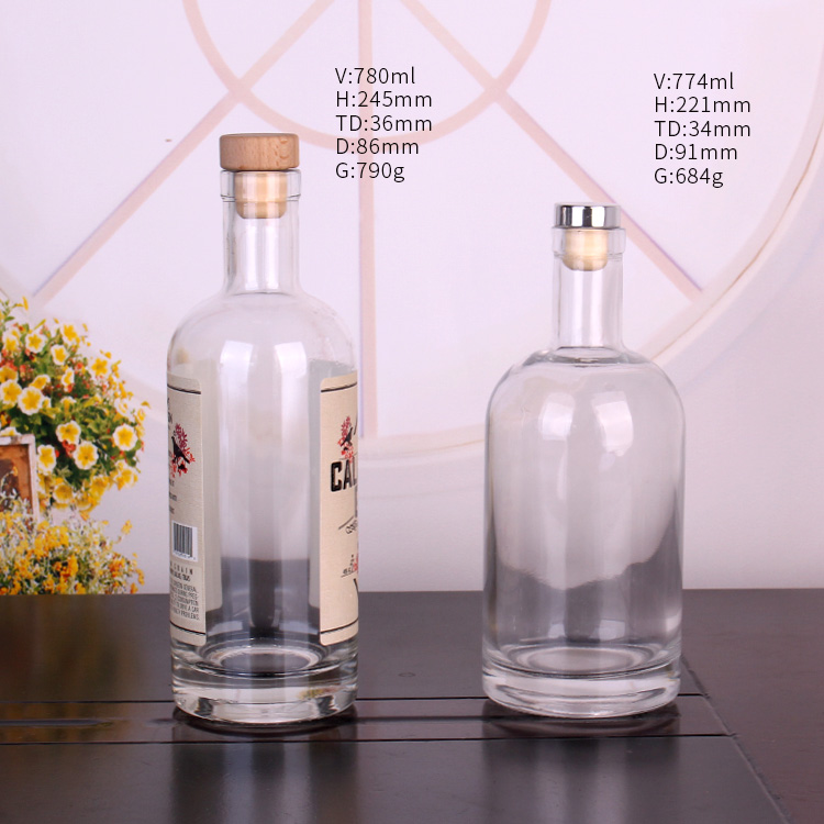 best seller round transparent 750ml glass wine bottle for liquor whisky with cork stopper