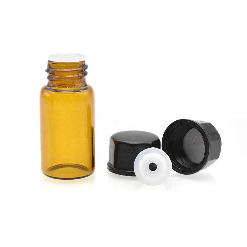 best selling 3ml amber glass vial essential oil glass bottle with orifice reducer black plastic cap for perfume cosmetic