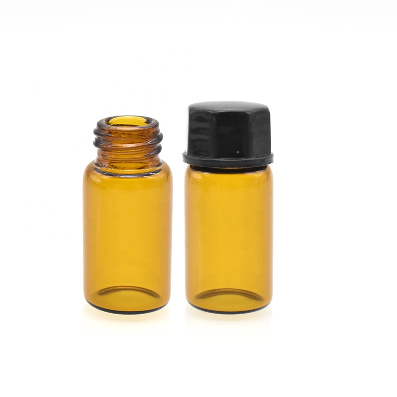 best selling 3ml amber glass vial essential oil glass bottle with orifice reducer black plastic cap for perfume cosmetic