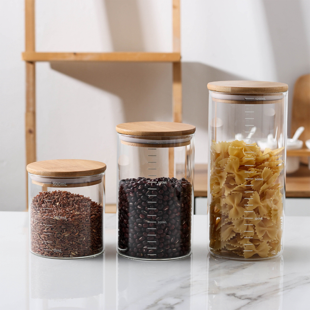 big glass cookie jars / bamboo lid glass container / tall glass spaghetti jar