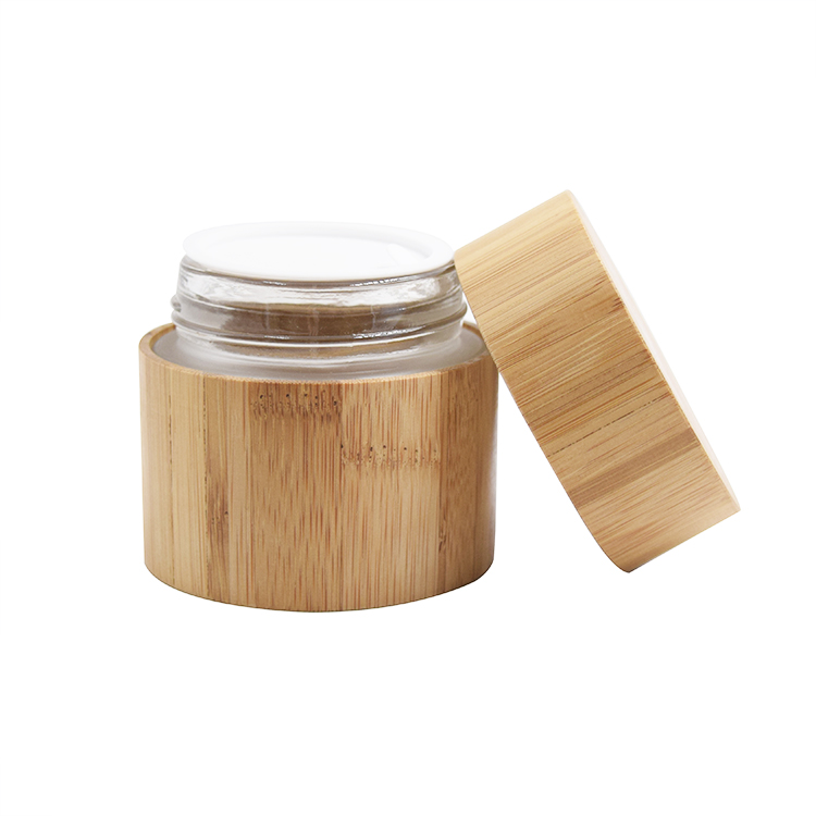 biodegradable 15g 30g 50g clear frosted glass jar full covered real bamboo jar