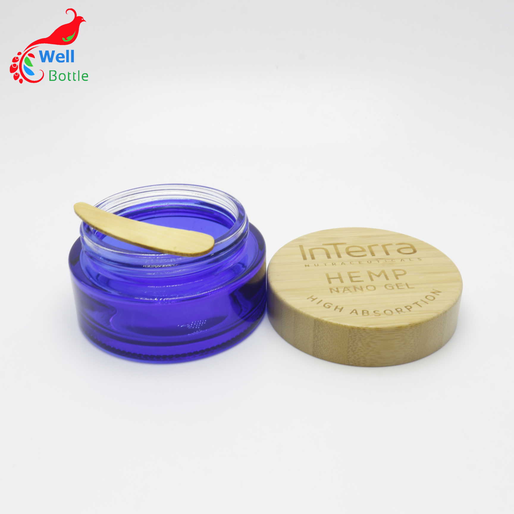 biodegradable large 100g bamboo cosmetic glass jar blue glass container wood lid J155E
