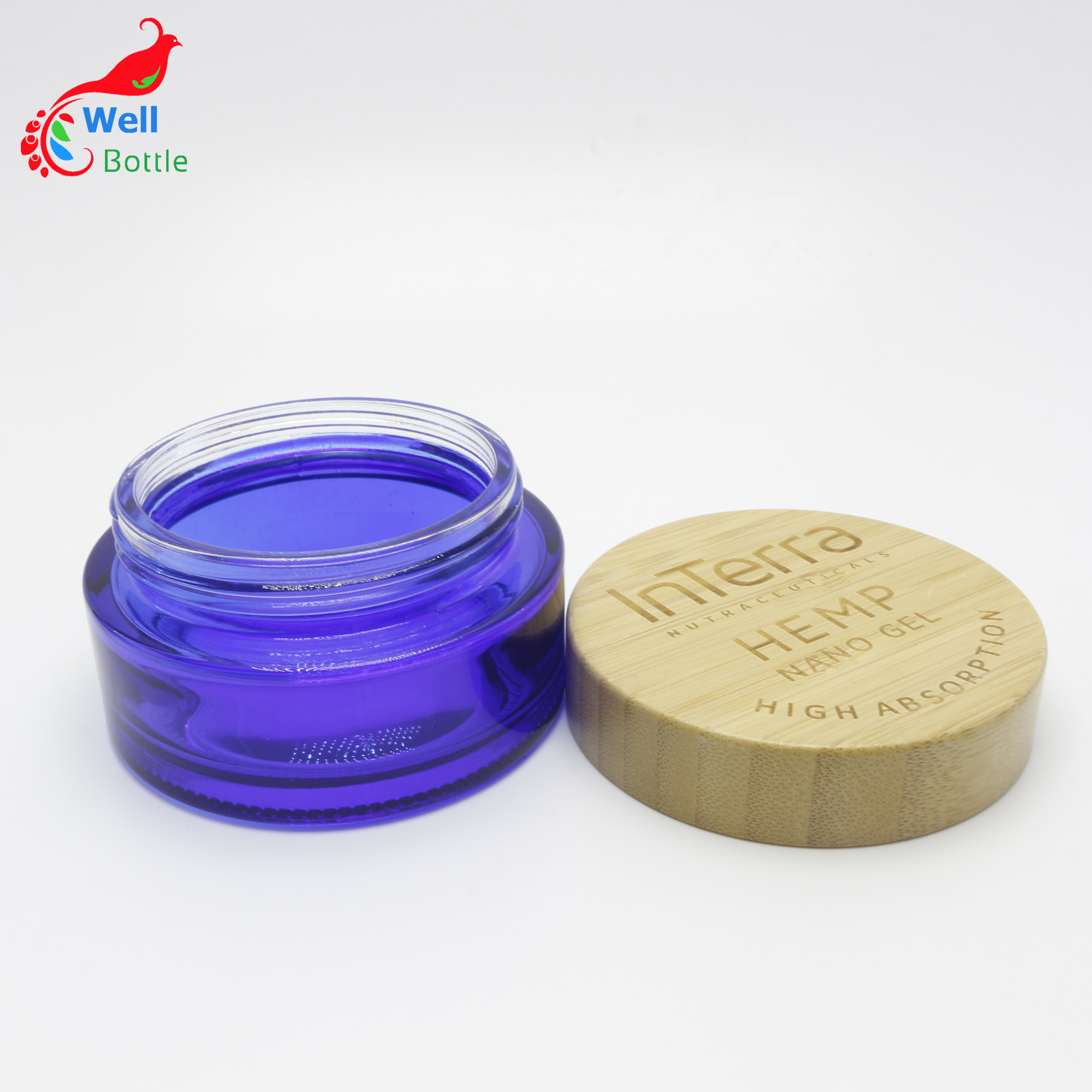 biodegradable large 100g bamboo cosmetic glass jar blue glass container wood lid J155E