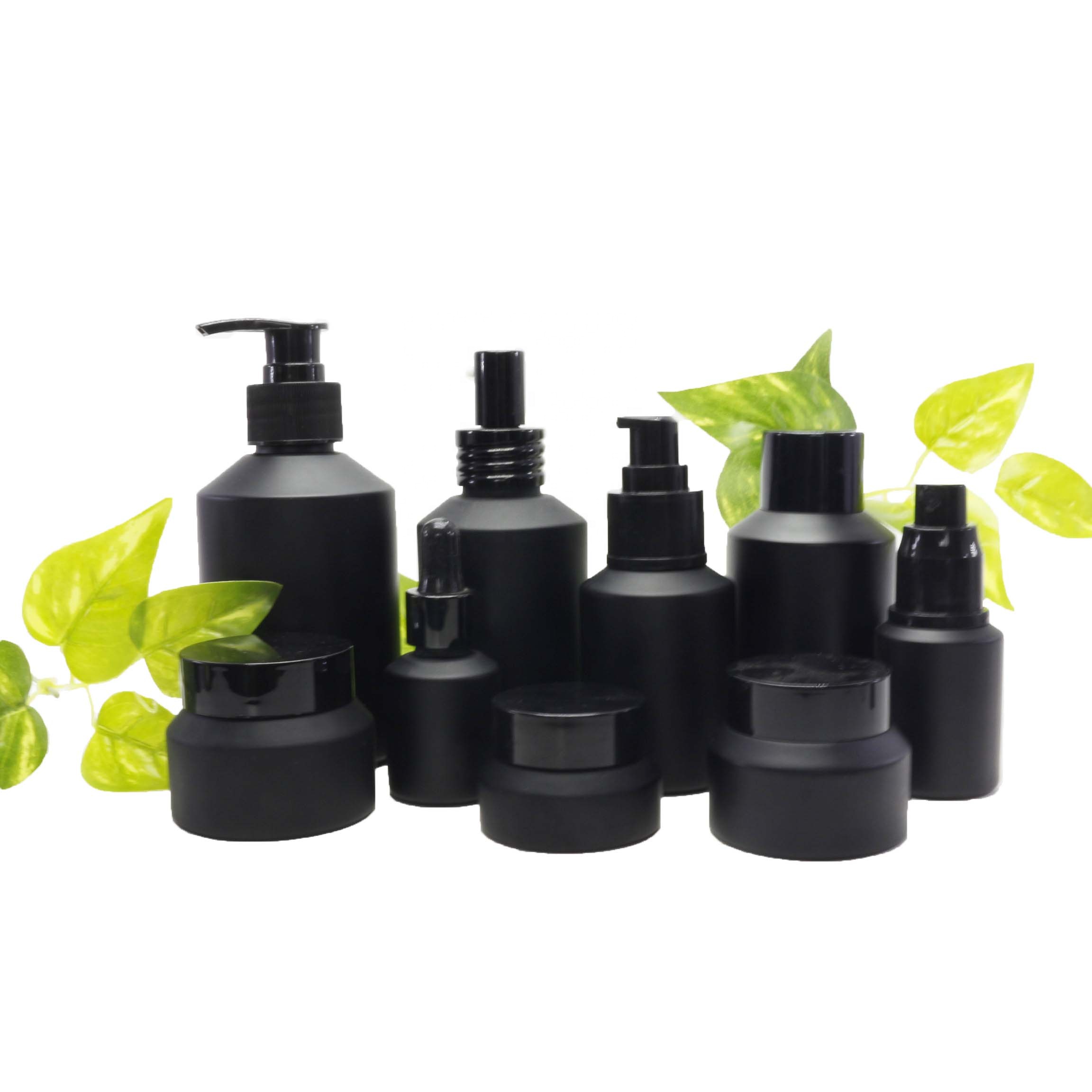black biodegradable cosmetic containers frosted glass bottle and jar for lotion/oil TZ-66Q
