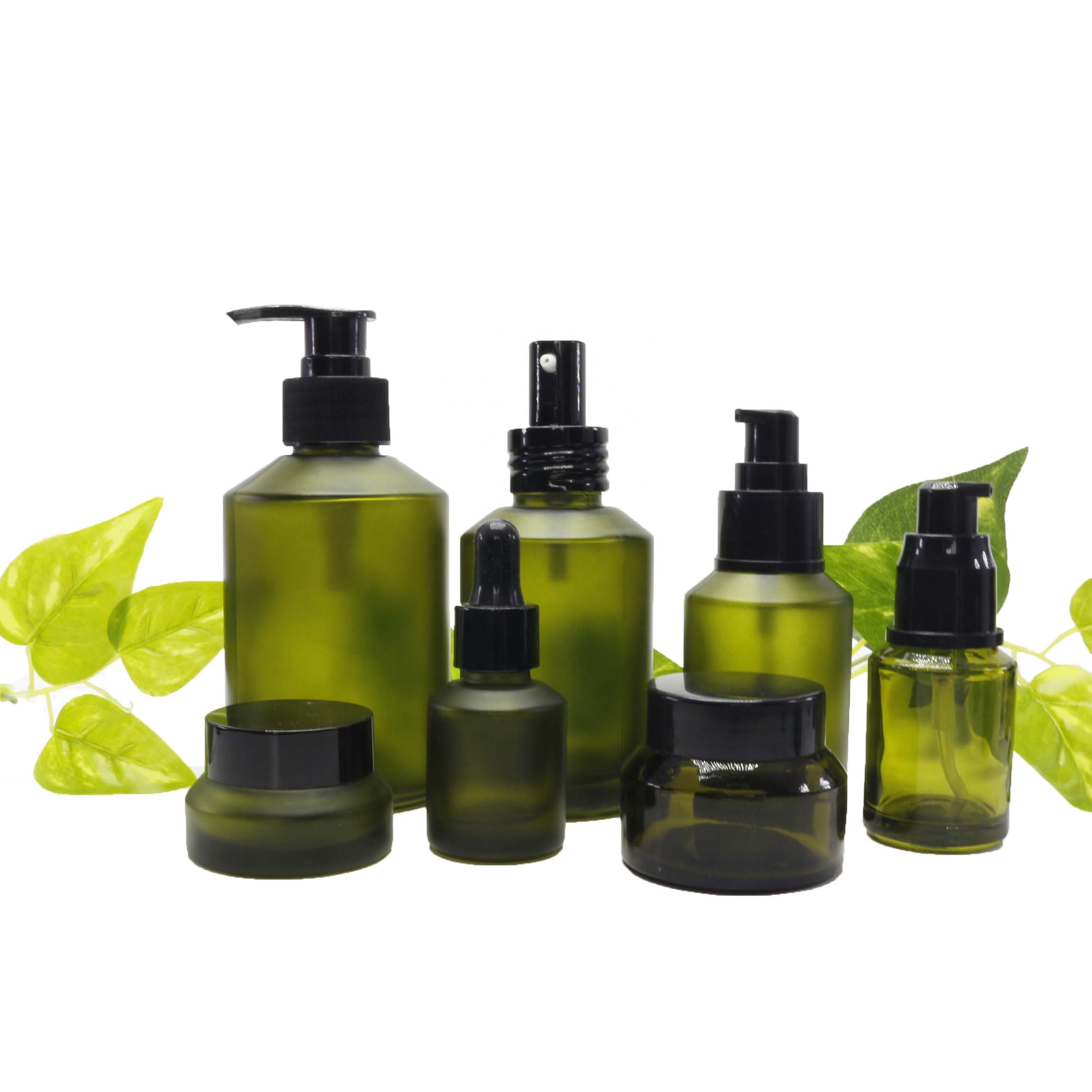 black biodegradable cosmetic containers frosted glass bottle and jar for lotion/oil TZ-66Q