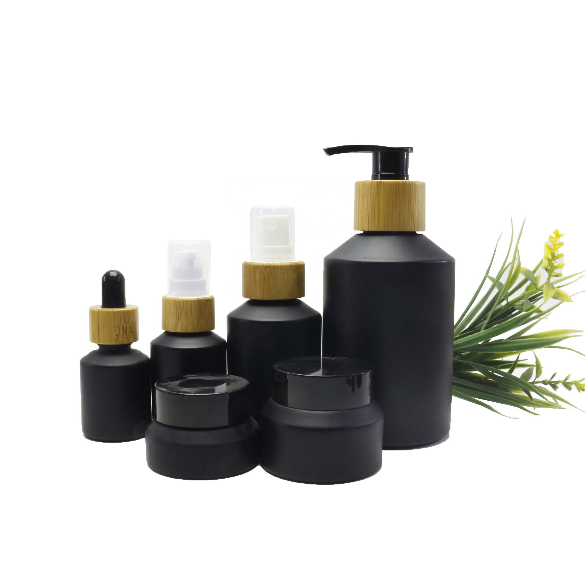 black biodegradable cosmetic containers frosted glass bottle and jar for lotion/oil TZ-66Q