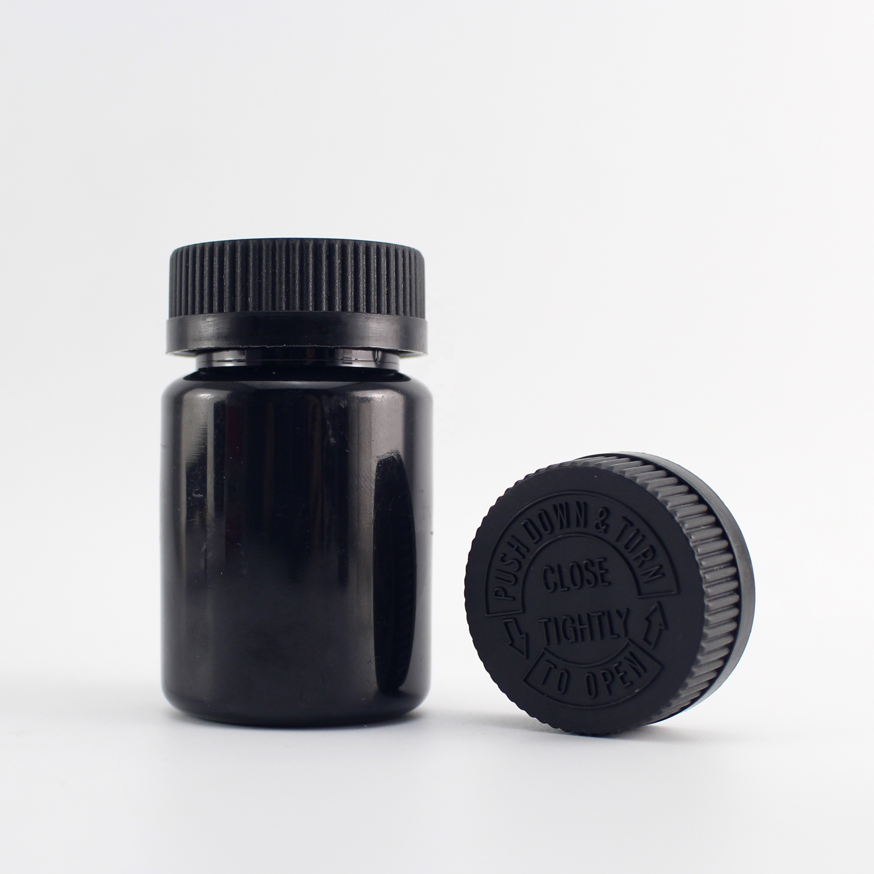 black color 75cc medicine bottles PET 75ml black color pill bottle with childproof cap