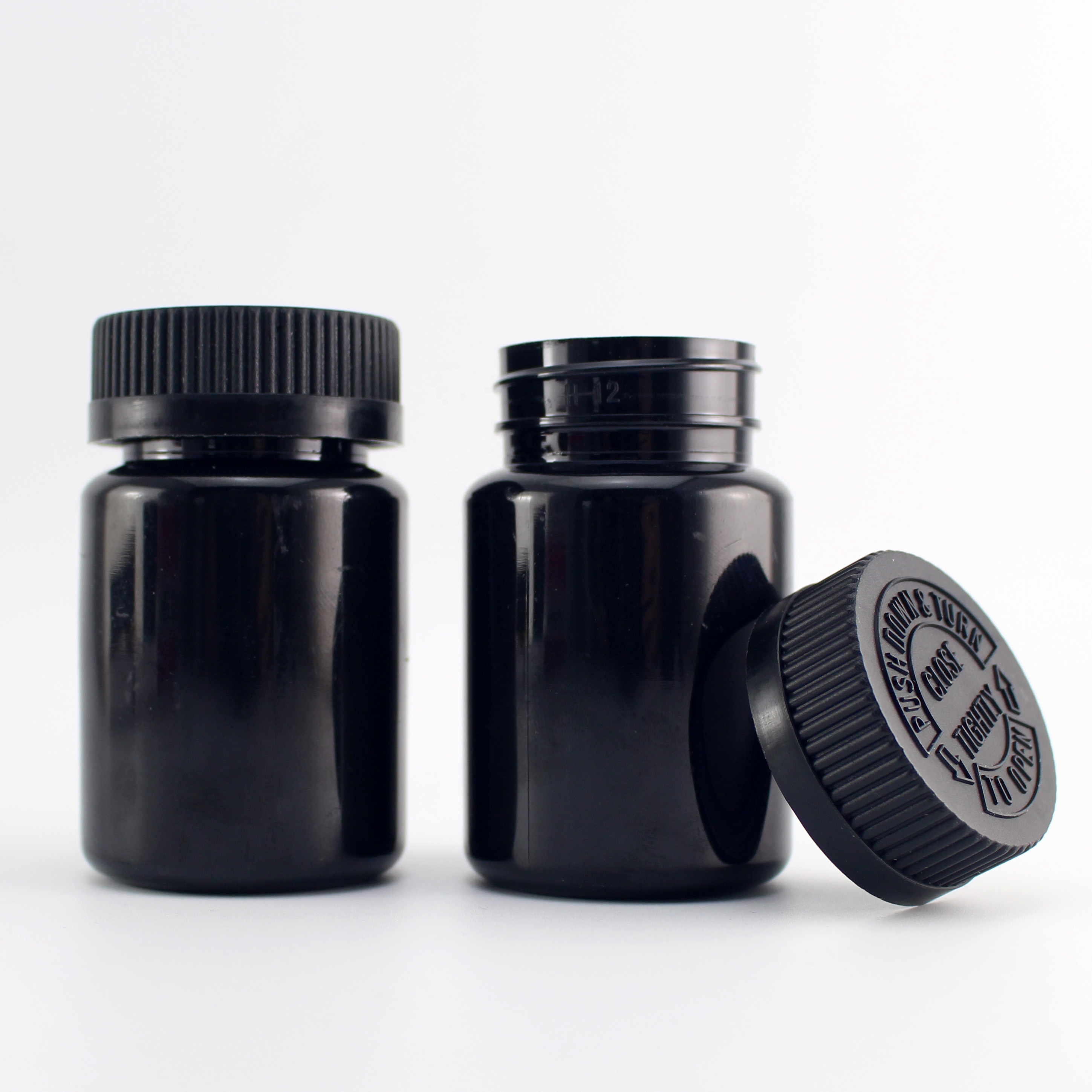 black color 75cc medicine bottles PET 75ml black color pill bottle with childproof cap