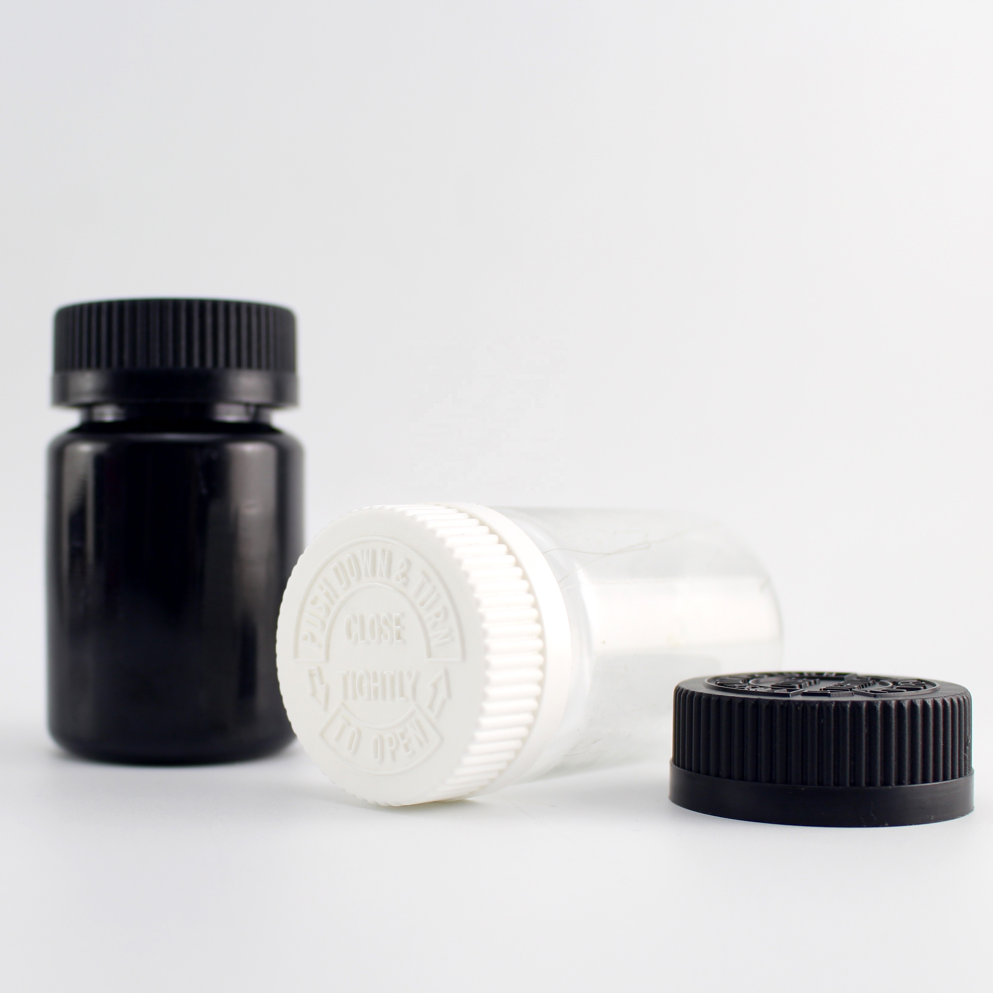 black color 75cc medicine bottles PET 75ml black color pill bottle with childproof cap