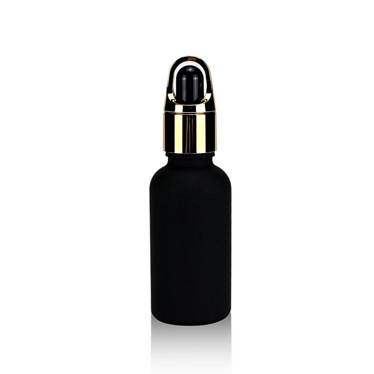 black dropper glass bottle with black cap for skincare packaging and cosmetic packaging