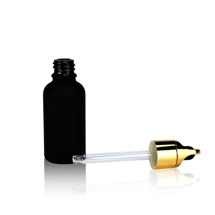 black dropper glass bottle with black cap for skincare packaging and cosmetic packaging