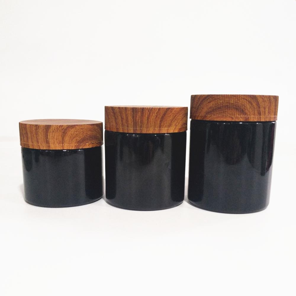black frosted glass jar 2oz 3oz 4oz child proof uv jar wood printed bamboo lid child resistant jars hemp packaging