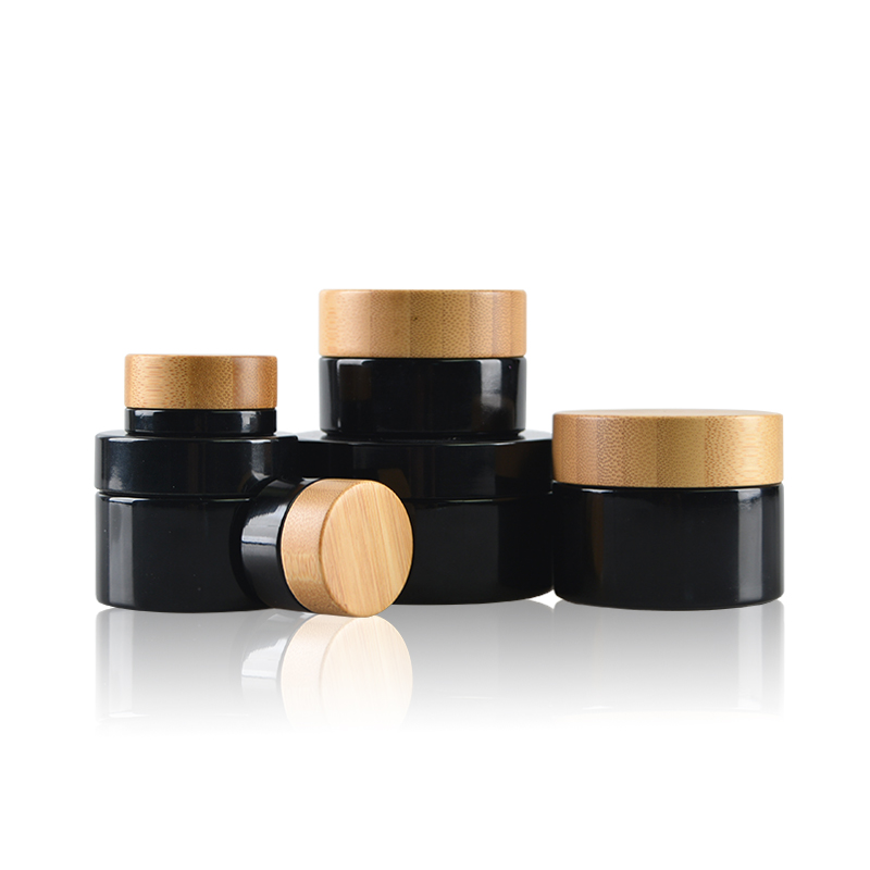 black glass cosmetic body cream jar with wood lids for skincare packaging set cosmetic glass  jars with wood lid