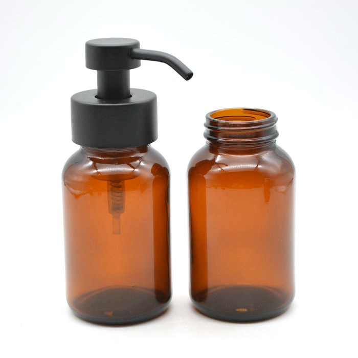 black metal foaming pump 250 ml amber glass bottle