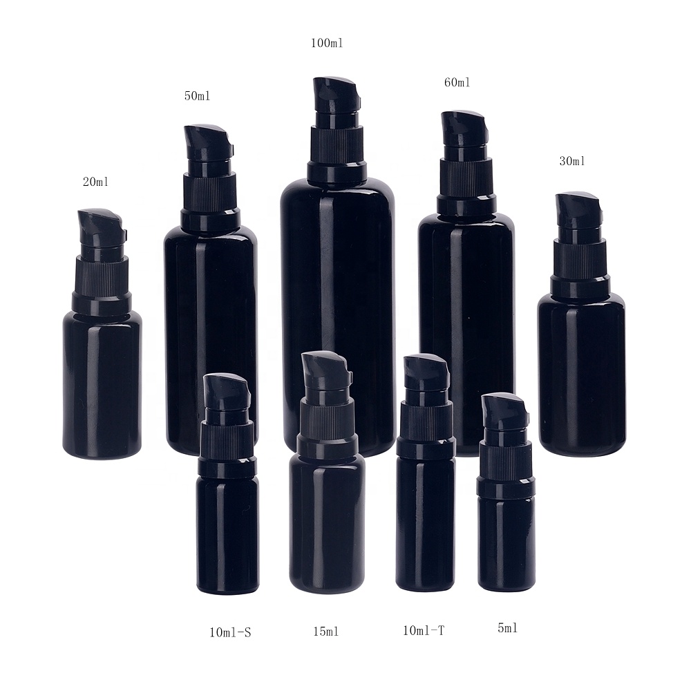 black optical glass black cosmetic bottles 30ml essential oil dispenser pump bottle