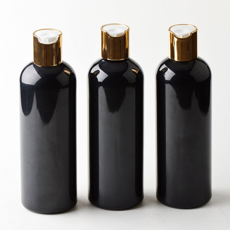 black pet round shaped plastic empty hand sanitizer bottle with press disc top cap for cosmetics packaging and shampoo