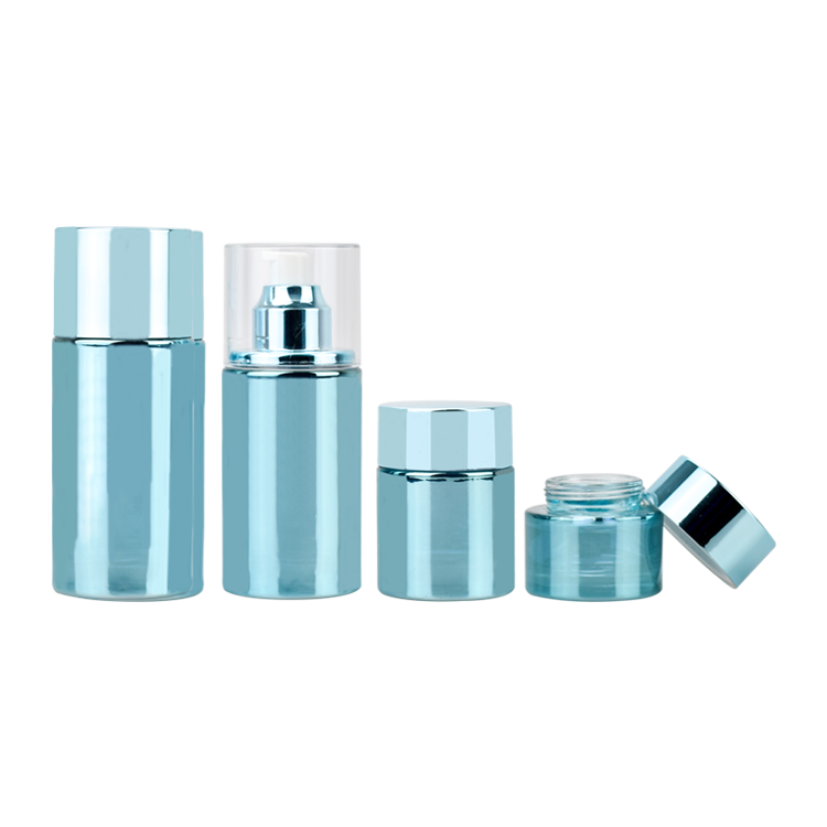 blue electric plating glass cosmetic packaging cream jar and lotion bottle