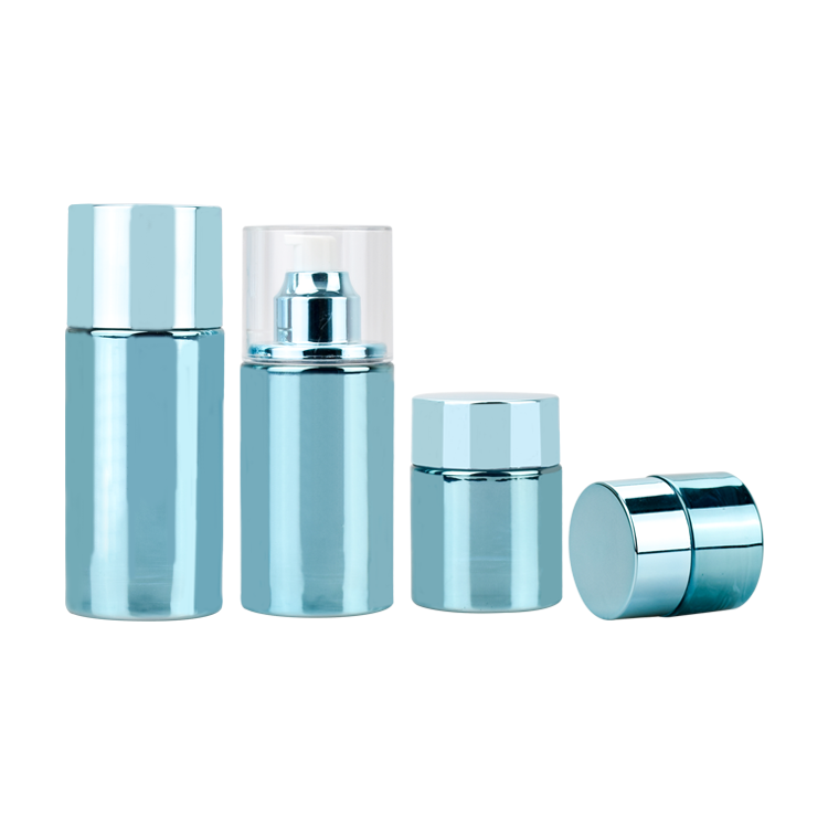 blue electric plating glass cosmetic packaging cream jar and lotion bottle