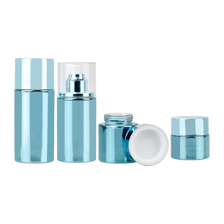 blue electric plating glass cosmetic packaging cream jar and lotion bottle