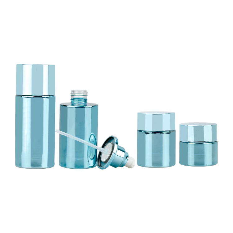blue electric plating glass cosmetic packaging cream jar and lotion bottle