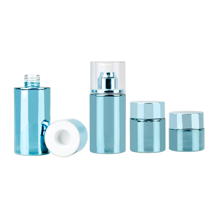 blue electric plating glass cosmetic packaging cream jar and lotion bottle