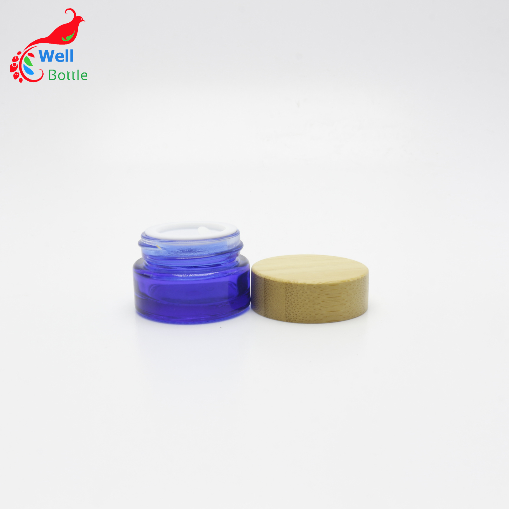 blue glass cream jar glass cosmetic jar with bamboo lid with custom logo print engraving logo J059E
