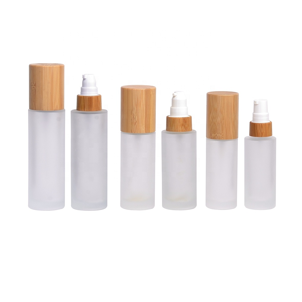 body lotion glass cosmetic spray pump bottles 30ml 50ml bamboo glass bottle with bamboo lids