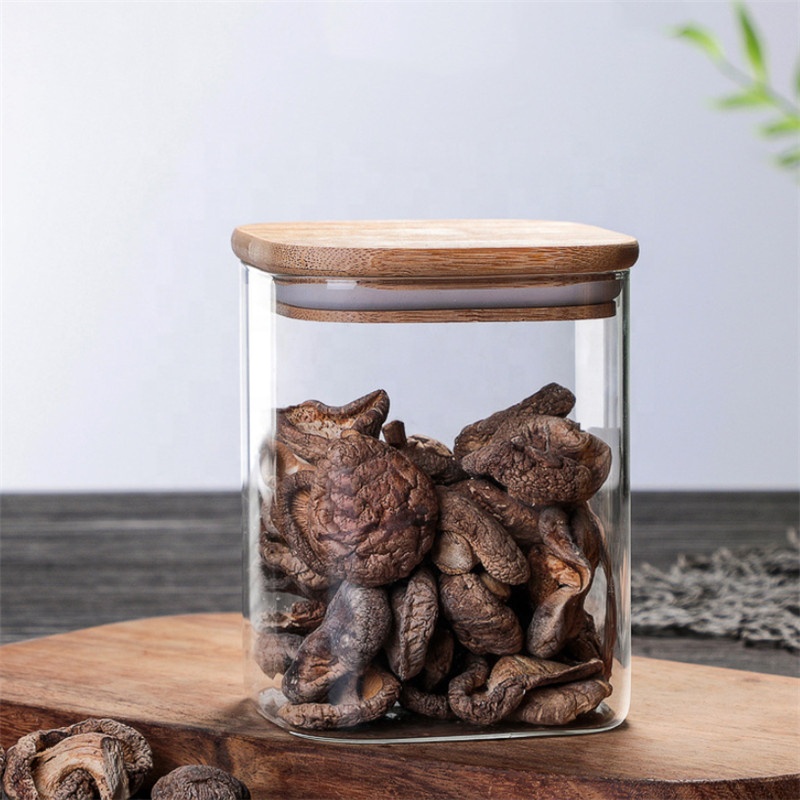 borosilicate glass Square storage jar with bamboo wooden lid