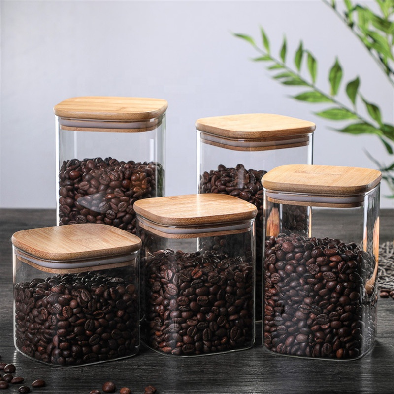 borosilicate glass Square storage jar with bamboo wooden lid