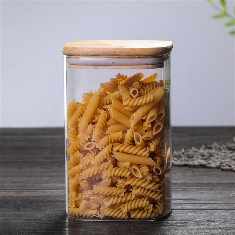 borosilicate glass Square storage jar with bamboo wooden lid