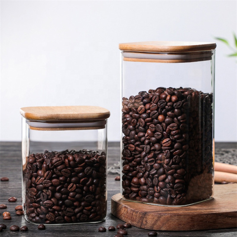 borosilicate glass Square storage jar with bamboo wooden lid