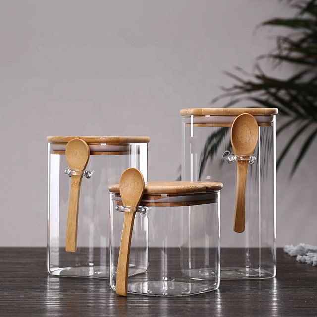 borosilicate glass storage jar square glass jars canisters for food candy cookie honey tea with bamboo lids wooden lid
