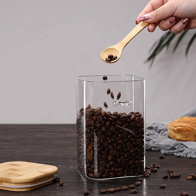 borosilicate glass storage jar square glass jars canisters for food candy cookie honey tea with bamboo lids wooden lid