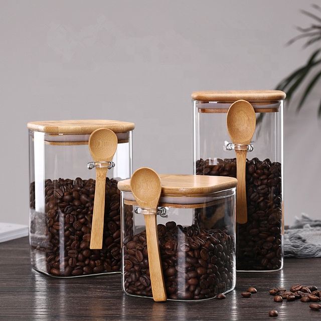 borosilicate glass storage jar square glass jars canisters for food candy cookie honey tea with bamboo lids wooden lid