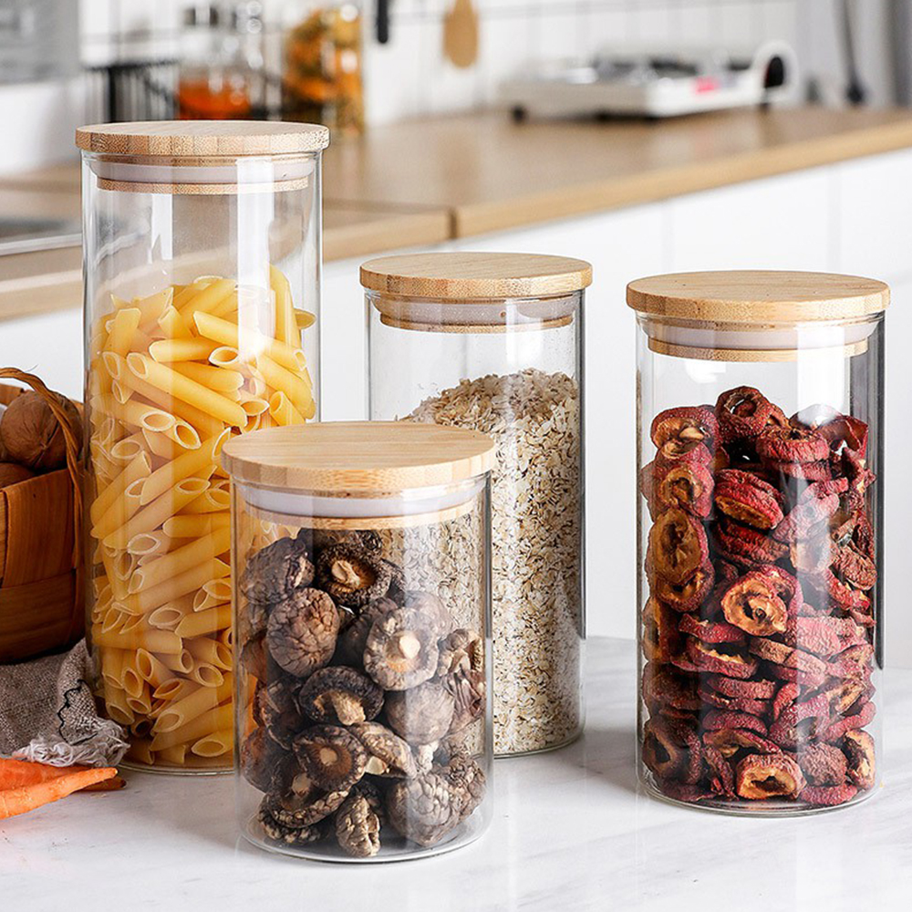 borosilicate glass storage jars / glass spice jars with bamboo lids / glass and bamboo containers