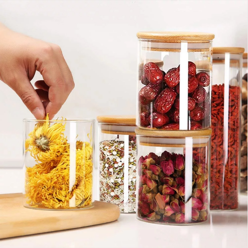borosilicate glass storage jars / glass spice jars with bamboo lids / glass and bamboo containers