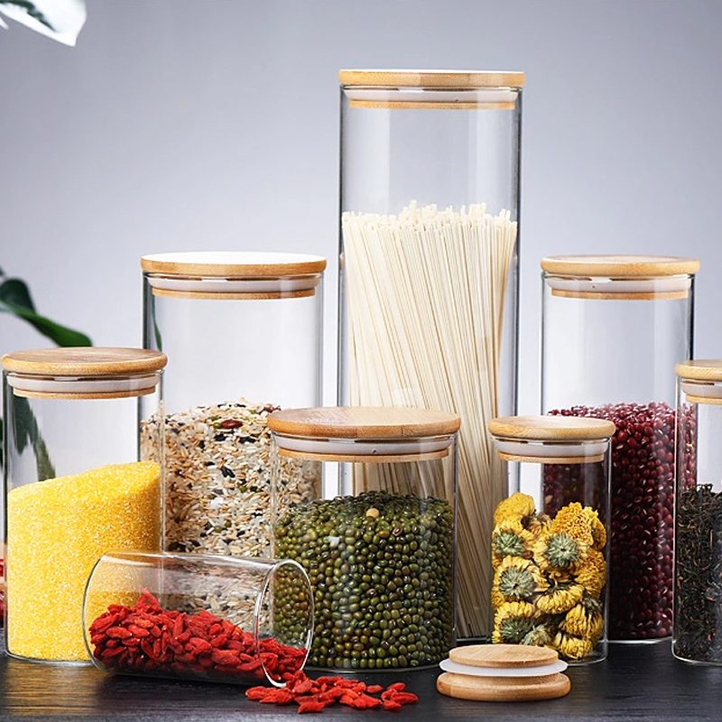borosilicate glass storage jars / glass spice jars with bamboo lids / glass and bamboo containers