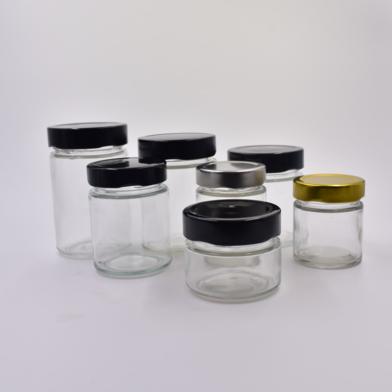 brand clear round 100ml glass storage jar with gold metal lid