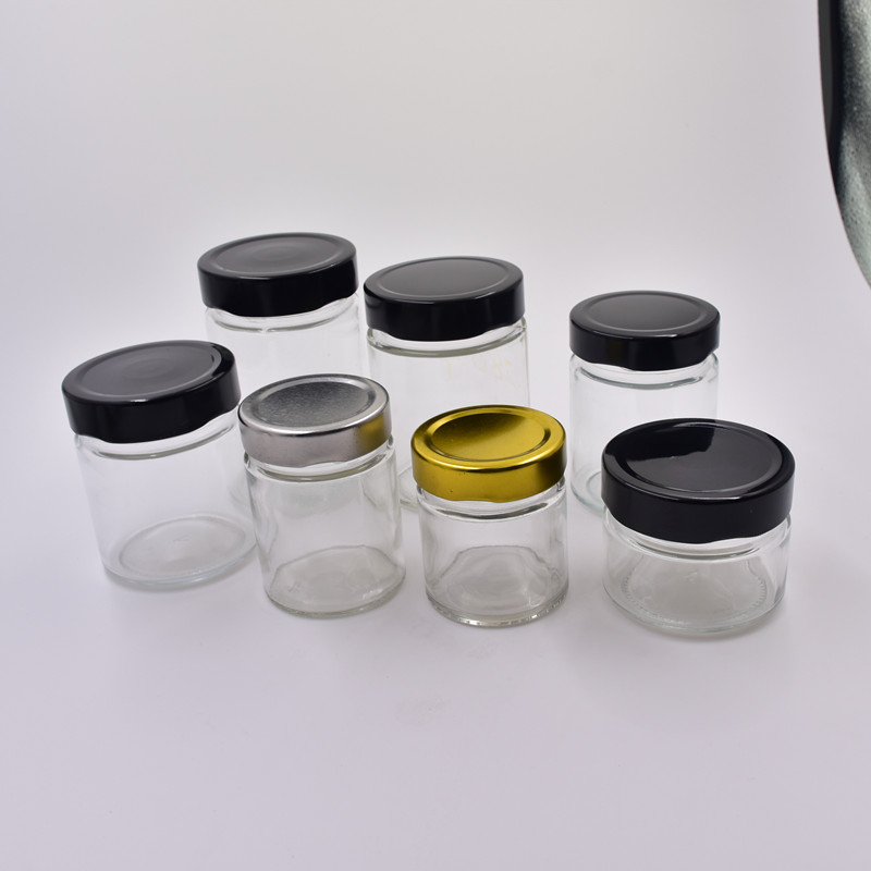 brand clear round 100ml glass storage jar with gold metal lid