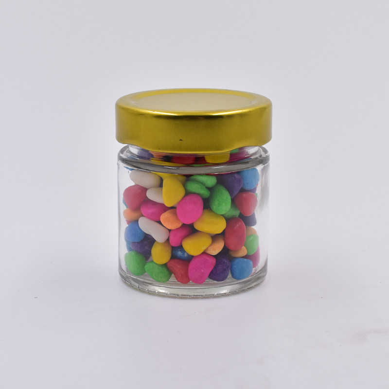 brand clear round 100ml glass storage jar with gold metal lid