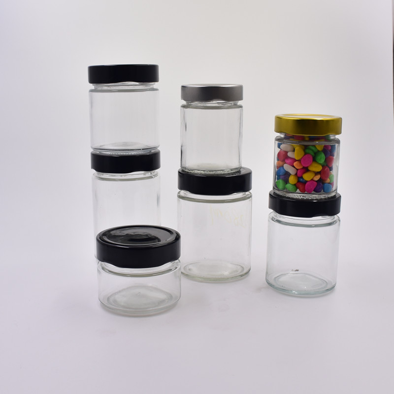 brand clear round 100ml glass storage jar with gold metal lid