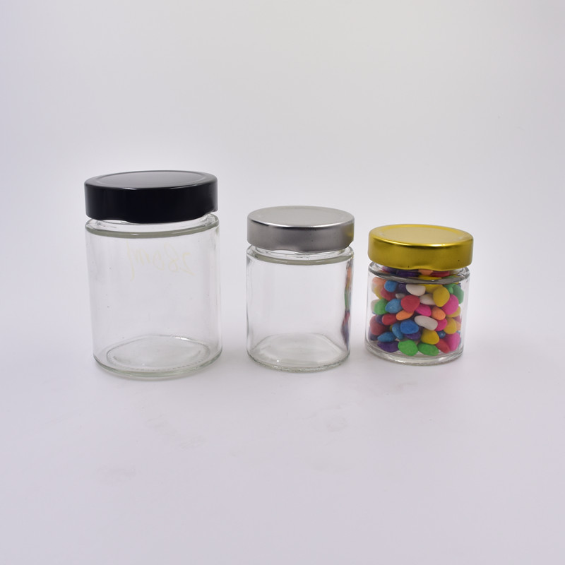 brand clear round 100ml glass storage jar with gold metal lid