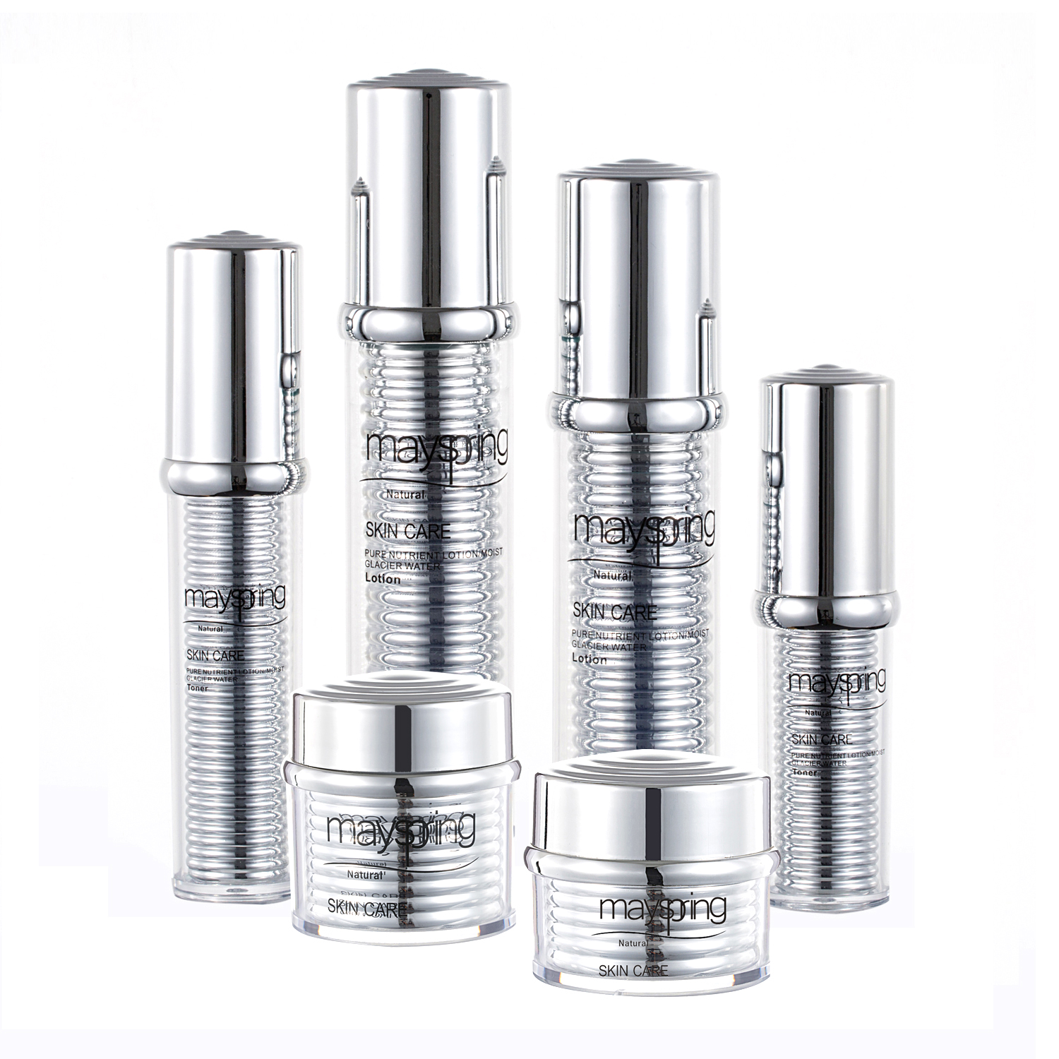 bright sliver fashion style elegant custom pump spray empty plastic cosmetic packaging bottle set cream jars