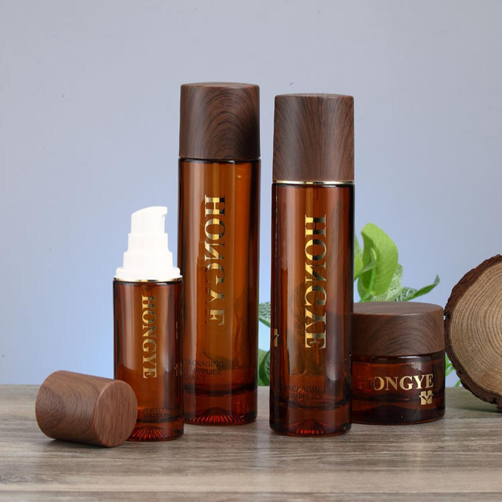 brown airless glass pump bottle for oil face cream lotion