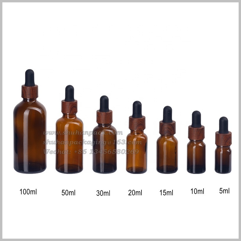 brown cosmetic glass essential oil bottles 5 10 15 20 ml 30ml 50 100 ml amber glass bottle water transfer wood grain dropper