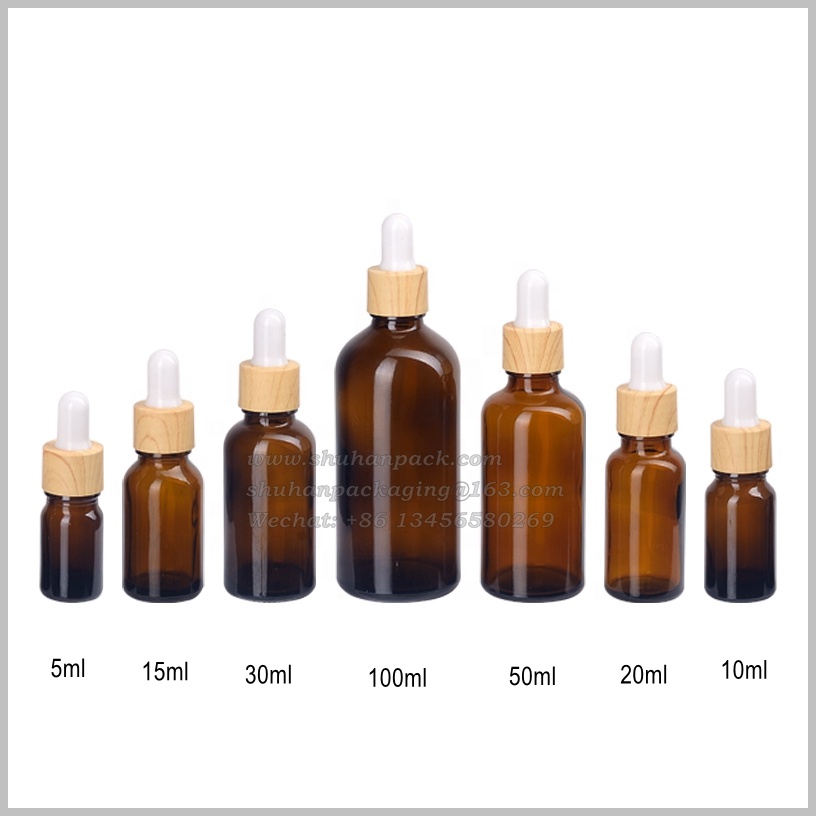 brown cosmetic glass essential oil bottles 5 10 15 20 ml 30ml 50 100 ml amber glass bottle water transfer wood grain dropper