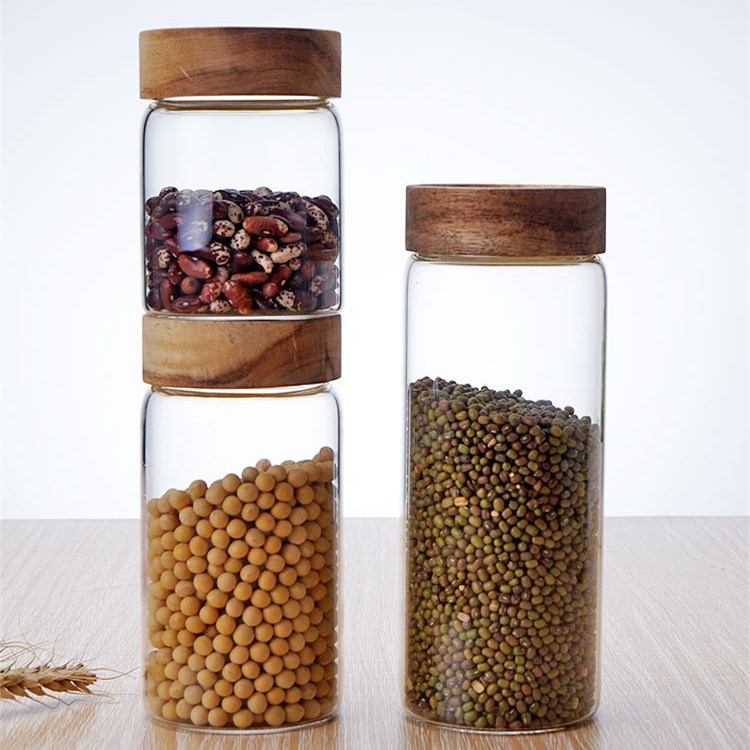 cheap food preservative jar borosilicate airtight glass jar storage container for honey jar OEM with Acacia wood lids